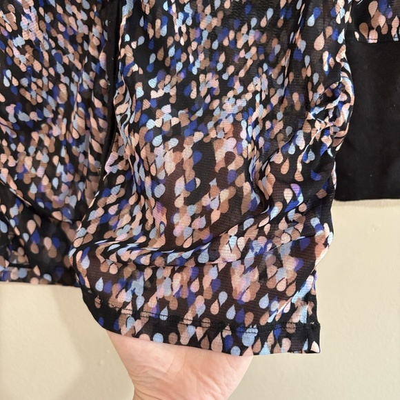 Mexx Mesh Black Blue & Lilac Pattern 3/4 Sleeve Ruched Button Up Blouse - Picture 9 of 14